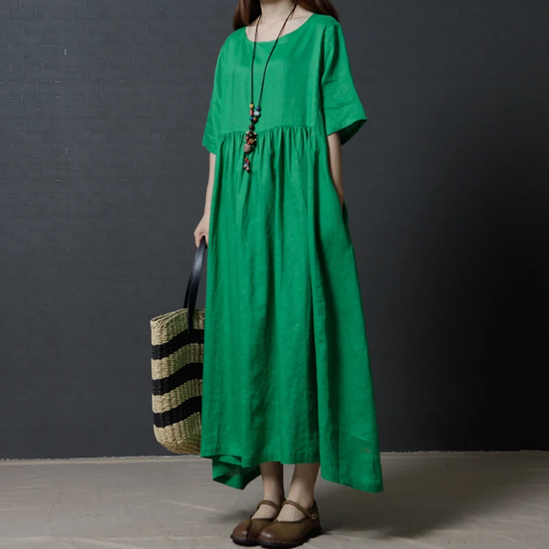 Женское Повседневное платье с коротким рукавом элегантное однотонное из хлопка и льна летнее большого