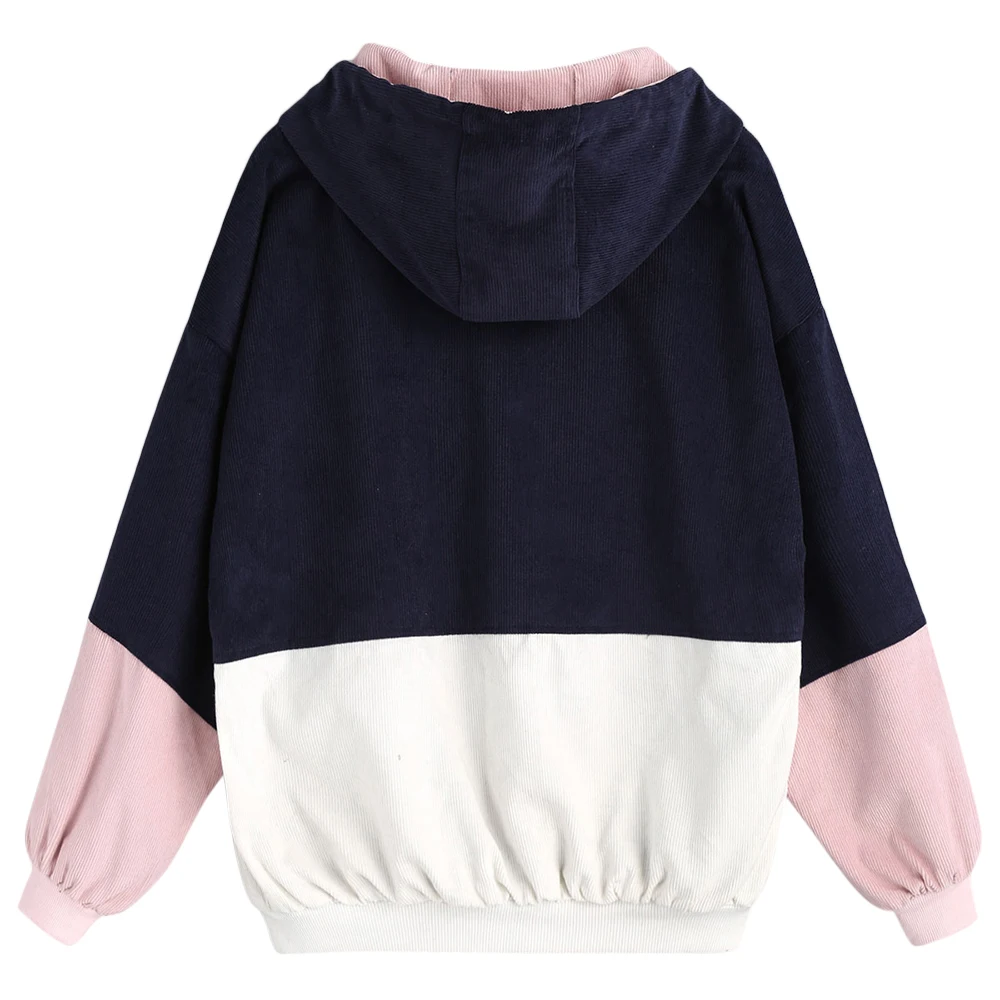 

Winter Warm Color Block Hooded Corduroy Jacket Drawstring Hit Color Patched Pocket Thick Basic Women Coat Harajuku New L0293