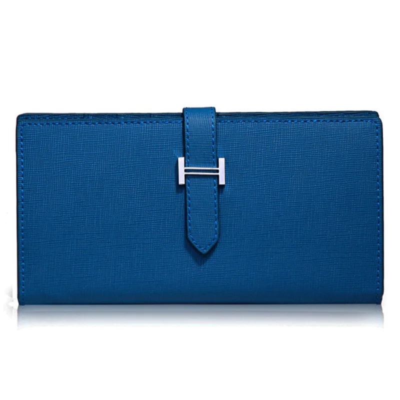 blue Подлинная saffiano кожаный кошелек для девушки женщины сплошной цвет длинный кошелек женский, клатч телефон держатель кредитной карты - Цвет: blue