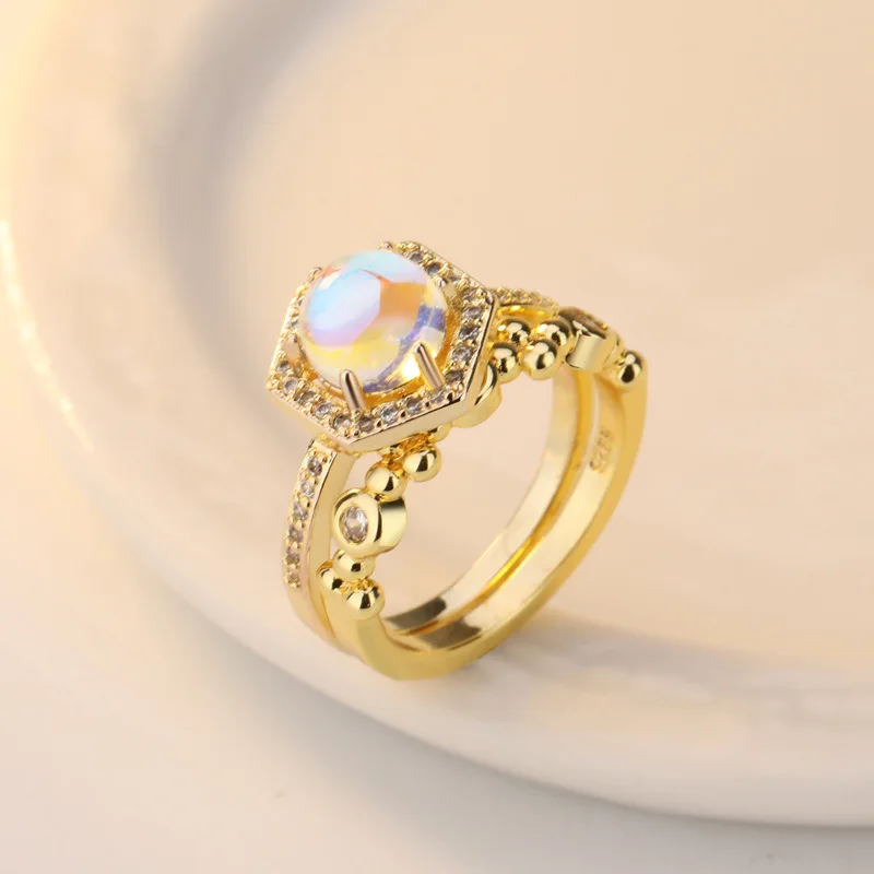 

14K Gold-inlaid Moonstone Diamond Ring pierscionki Engagement Bague Anillos topaz Ring Set Bizuteria for Women Ring Gemstone