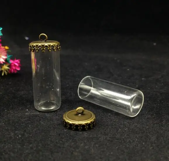 50pcs 28*12mm empty open jars tube shape glass vial pendant with crown base glass wishing bottle necklace glass vase cover dome images - 6