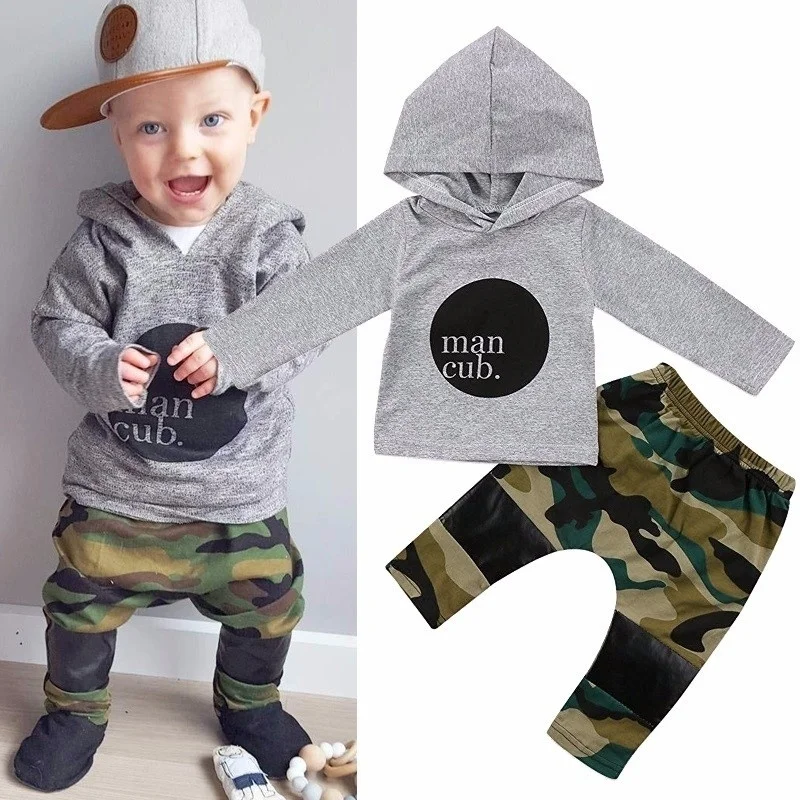 Man Cub/комплект из 2 предметов, камуфляжный хлопковый топ с капюшоном+ штаны модная одежда для маленьких мальчиков на весну и осень, Новая повседневная одежда