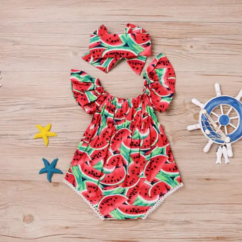 Cute Summer Toddler Girls clothes Watermelon short sleeve Bodysuit Jumpsuit +headband Outfit Sunsuit Clothes | Мать и ребенок
