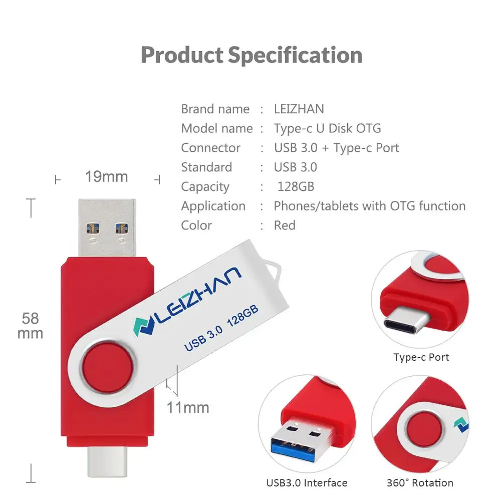 LEIZHAN USBC фотовспышка Type C флеш накопитель OTG USB 256 ГБ 128 Гб 64 32 16 высокоскоростной usb 3
