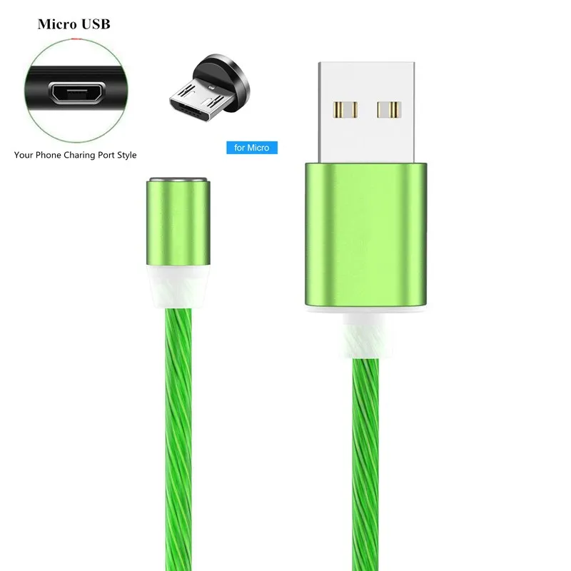 Micro USB светодиодный светящийся Магнитный зарядный кабель для samsung Galaxy J3 J5 J7 Redmi 5 Plus 6A Note 4 4X 5A 6 Pro - Цвет: Green