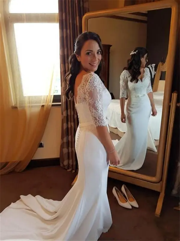 

Charming Mermaid V Neck Open Back Spaghetti Straps White Long Prom Dresses bridal dresses 2020