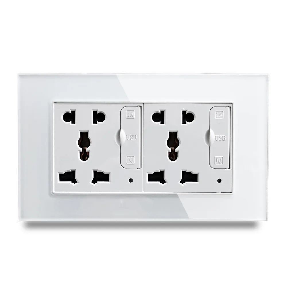 Double Universal Socket with 4 USB Wallpad Luxury Crystal Glass Panel 110V-250V 146*86mm Socket with 3.1A Four USB Ports