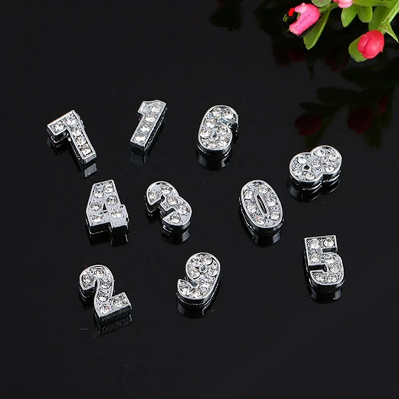 

100PCS 8mm Silver Rhinestone 0-9 Numbers Slide Charms Slide Beads DIY 8mm Bracelets Wristbands,Belt Straps Pet Name Collar
