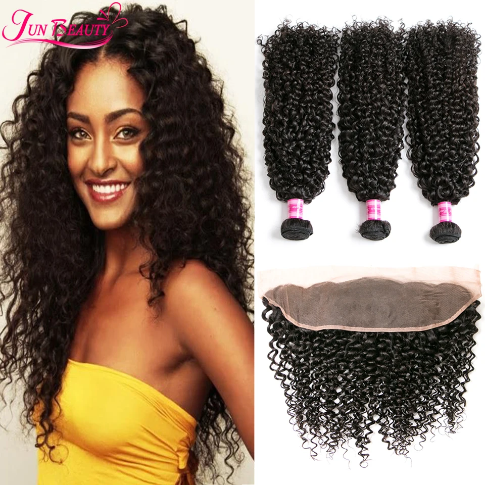7A Brazilian Virgin Hair With Closure Human Kinky Curly 13x4 Lace Frontal Bundles |