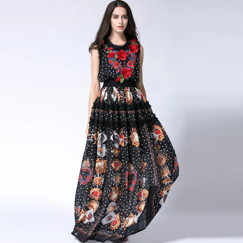 New 2017 Women Floor Length Sleeveless Elegant Rose Flower Print Floral Embroidery Vintage Long Dress Fashion Runway Maxi | Женская