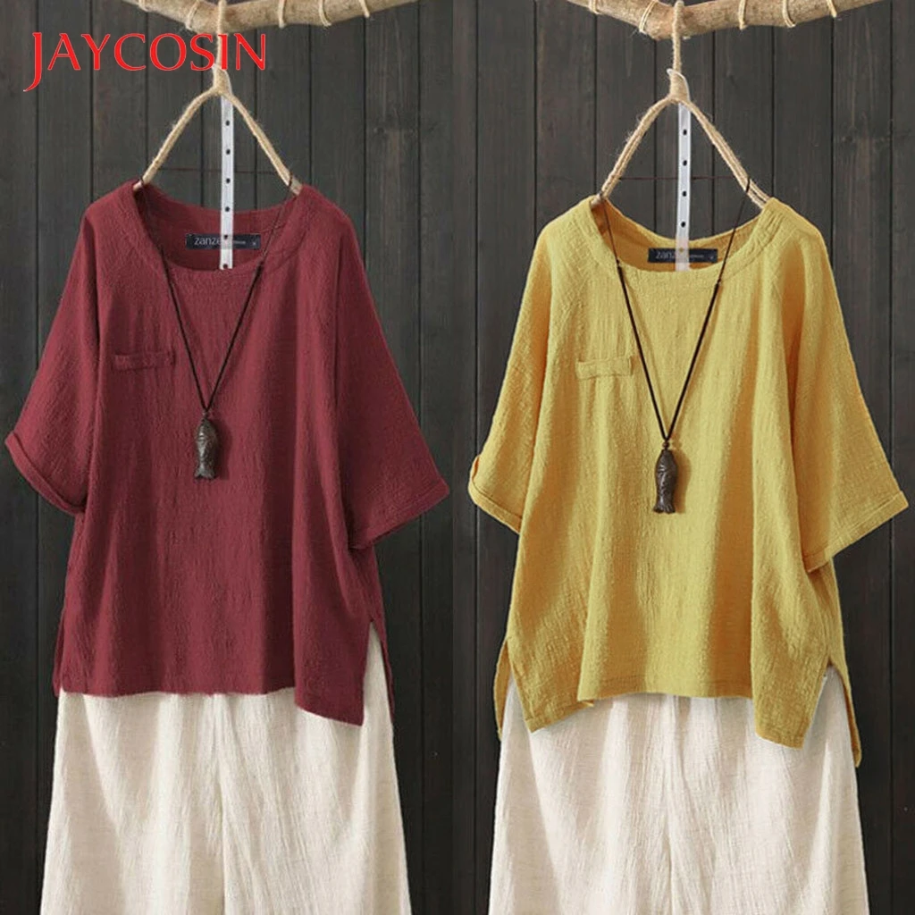 JAYCOSIN женский винтажный хлопковый льняной топ с круглым вырезом и рукавом три
