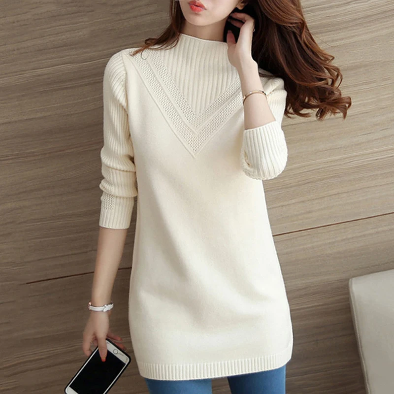 Женский зимний теплый свитер вязаный длинный Однотонный с высоким воротом