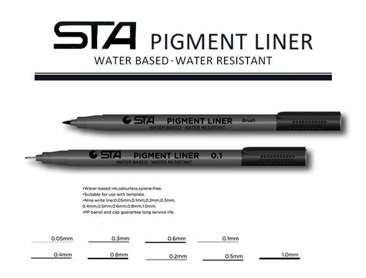 STA пигмент лайнер ручка на водной основе черные чернила Fineliner ручки книги по