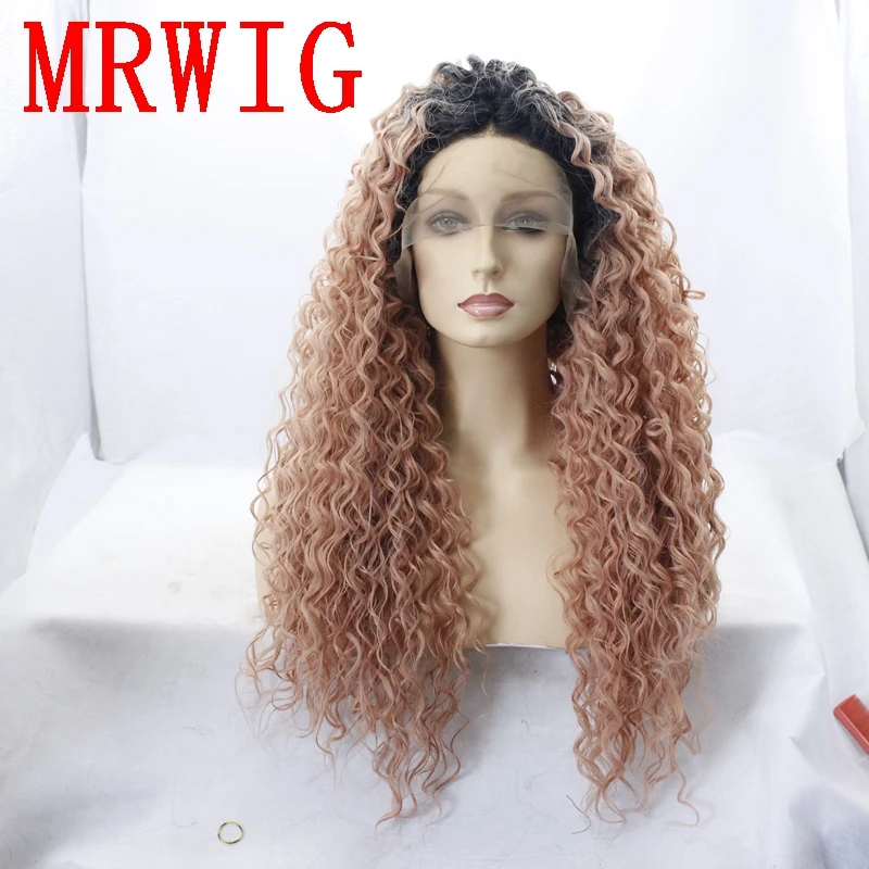 MRWIG странный вьющиеся ombre темно-розовый средняя часть 26 дюймов 180% короткие темные
