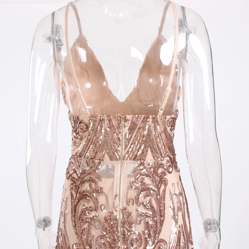 

U-SWEAR Sexy Sequined Party Dress Deep V Neck High Waist Splits Floor Length Maxi Dress Transparent Gown Dress Vestidos