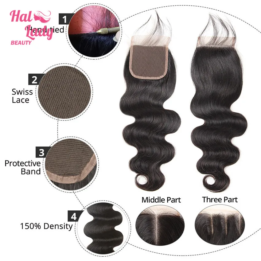 Halo Lady beauty 4 шт. бразильские пучки человеческих волос с закрытием средний шнурок