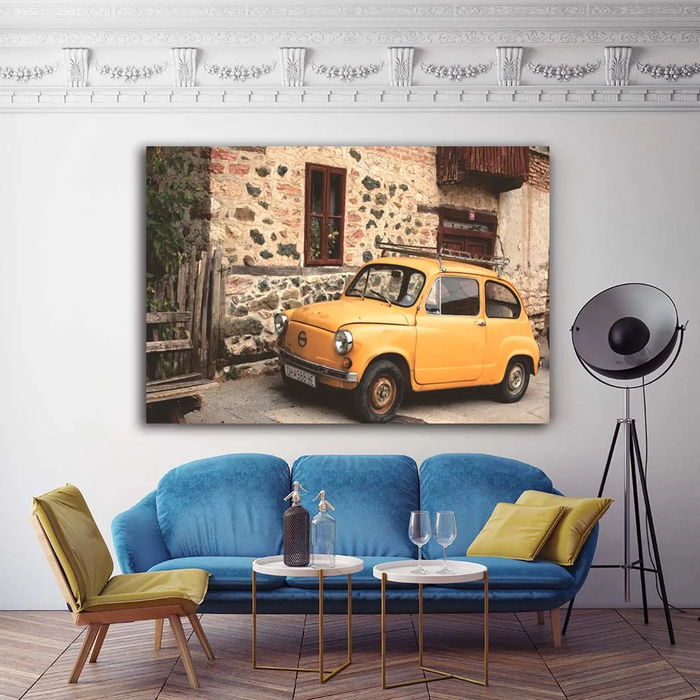 Retro Yellow car on road Vehicle wall picture artwork canvas painting art HD printed poster wood frame plaque for living room | Дом и сад