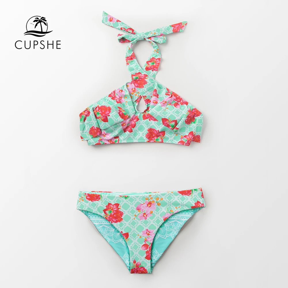 CUPSHE Сексуальная Зеленый цветочный принт с отворотом комплект бикини на