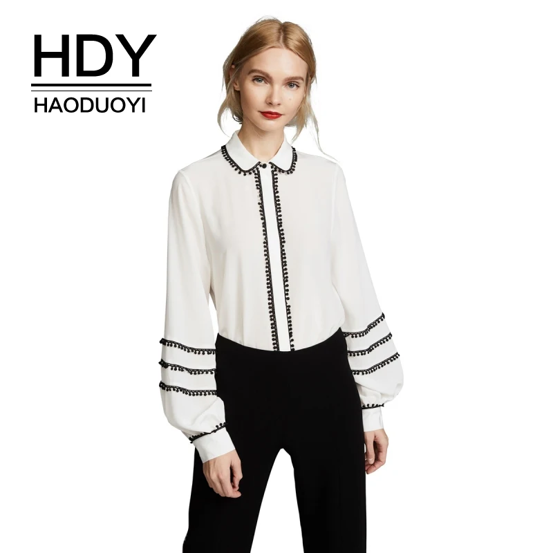 Женская блузка HDY Haoduoyi белая с длинным рукавом фонариком и кисточками|Рубашки| |