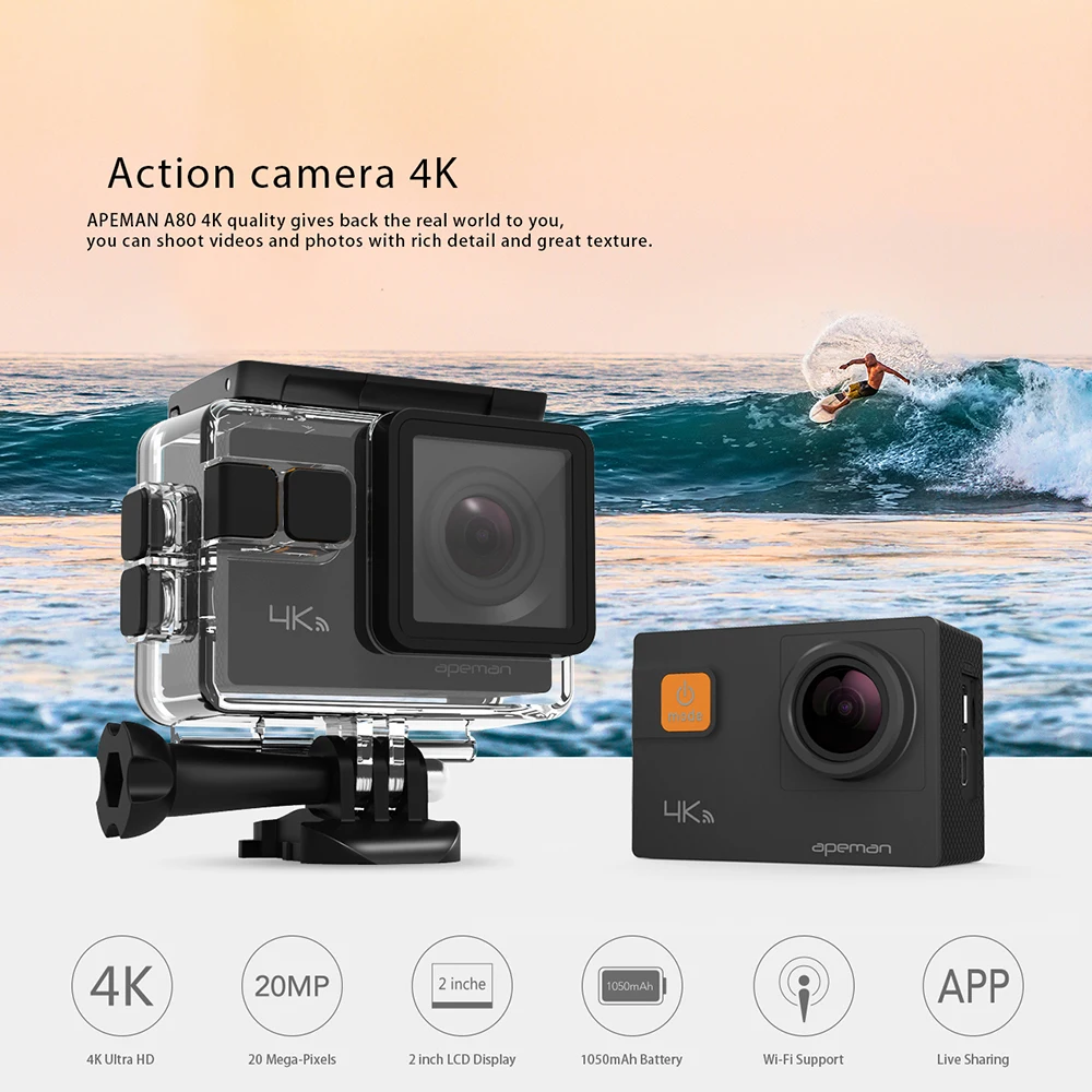 Apeman экшн Камера A80 4 К Wi Fi экшен фотоаппарат hd подводная Спорт Видео с 20mp
