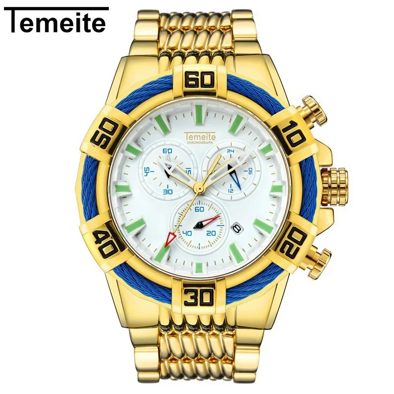 gold white TEMEITE Брендовые мужские наручные часы с большим циферблатом многофункциональные Мужские часы военные спортивные водонепроницаемые кварцевые Стальные Креативные мужские часы - Цвет: gold white