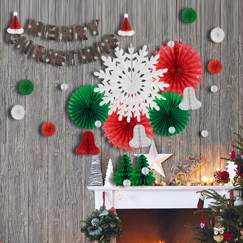 29pcs Xmas Decorations Set Merry Christmas Banner Tissue Paper Honeycomb Santa Hat Tree Bells Snowflake Fans Balls Noel Holiday | Дом и сад