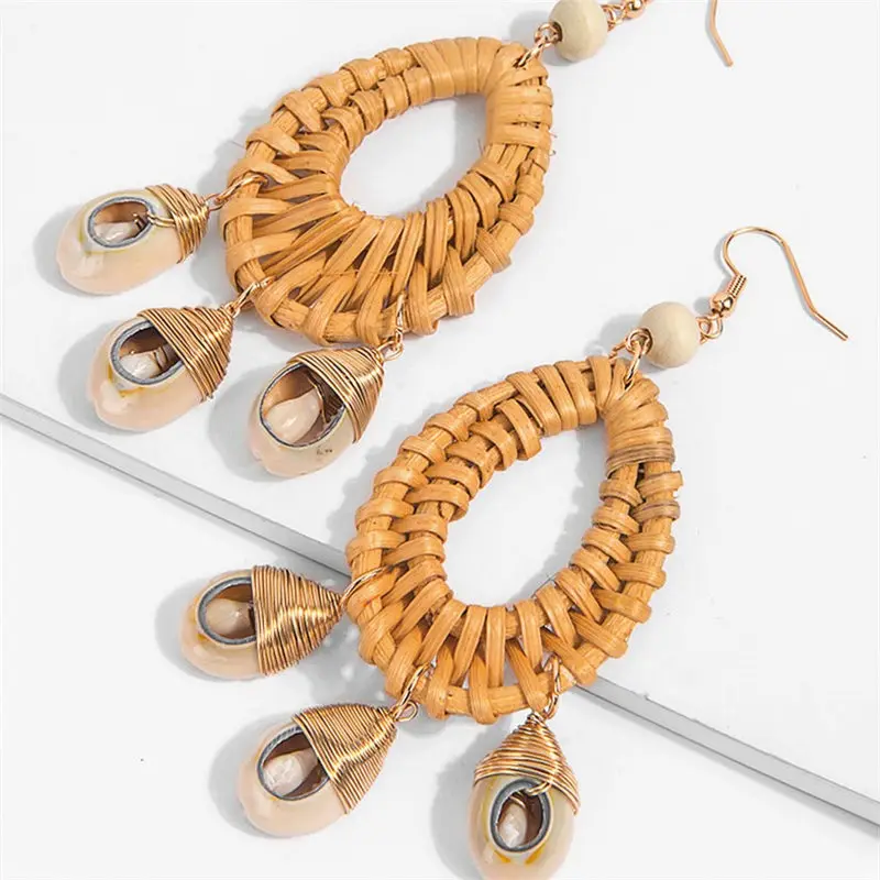 Boho натуральная морская раковина Каури Соломы Вязать ротанга серьги для женщин