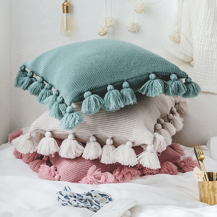 

Europe 9 colors Throw Pillow Cotton Cushion For Living Room Sofa 45*45cm Solid Home Decoration Creative Tassels chair Cushions