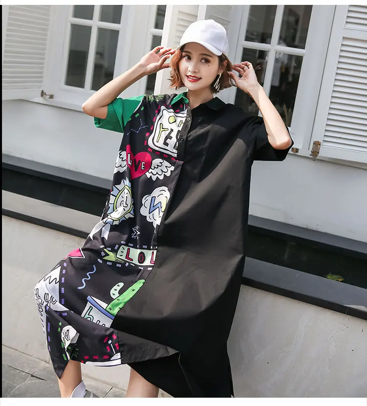 XITAO Plus Size Street Midi Dress Women Korea Fashion Turn Down Collar Patchwork Print Pattern Cardigans New WBB4449