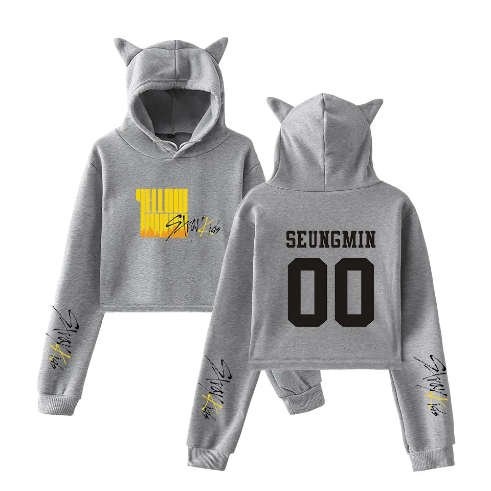 Kpop Stray Kids Cat Crop Top oversized hoodie sweatshirt Women Album Yellow Wood korean Hoodies Sweatshirts Sexy clothes | Женская