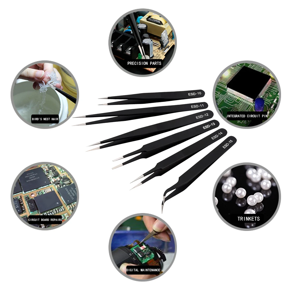 

Hand Repair Tools 6Pcs Anti-static ESD Stainless Steel Tweezers Maintenance Tools Industrial Precision Curved Straight Tweezers