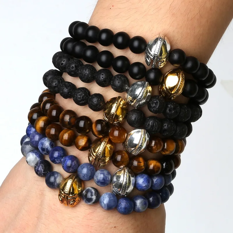 Браслет с натуральным тигровым глазом/черной лавой каменными бусинами