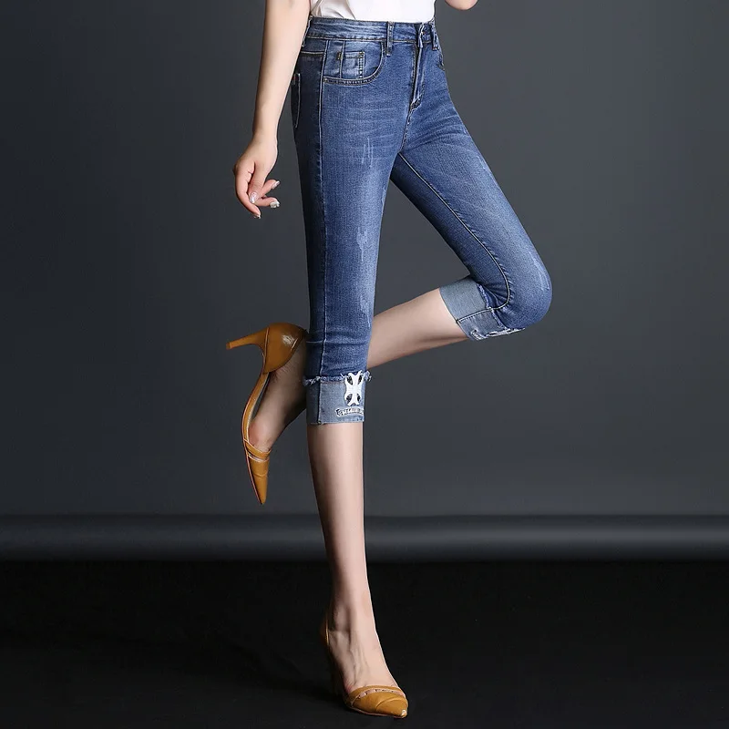 Jbersee Denim Skinny Jeans Woman Summer Fashion Ladies Elastic Knee Length Capris Pants Sexy Push up Women's Female | Женская одежда
