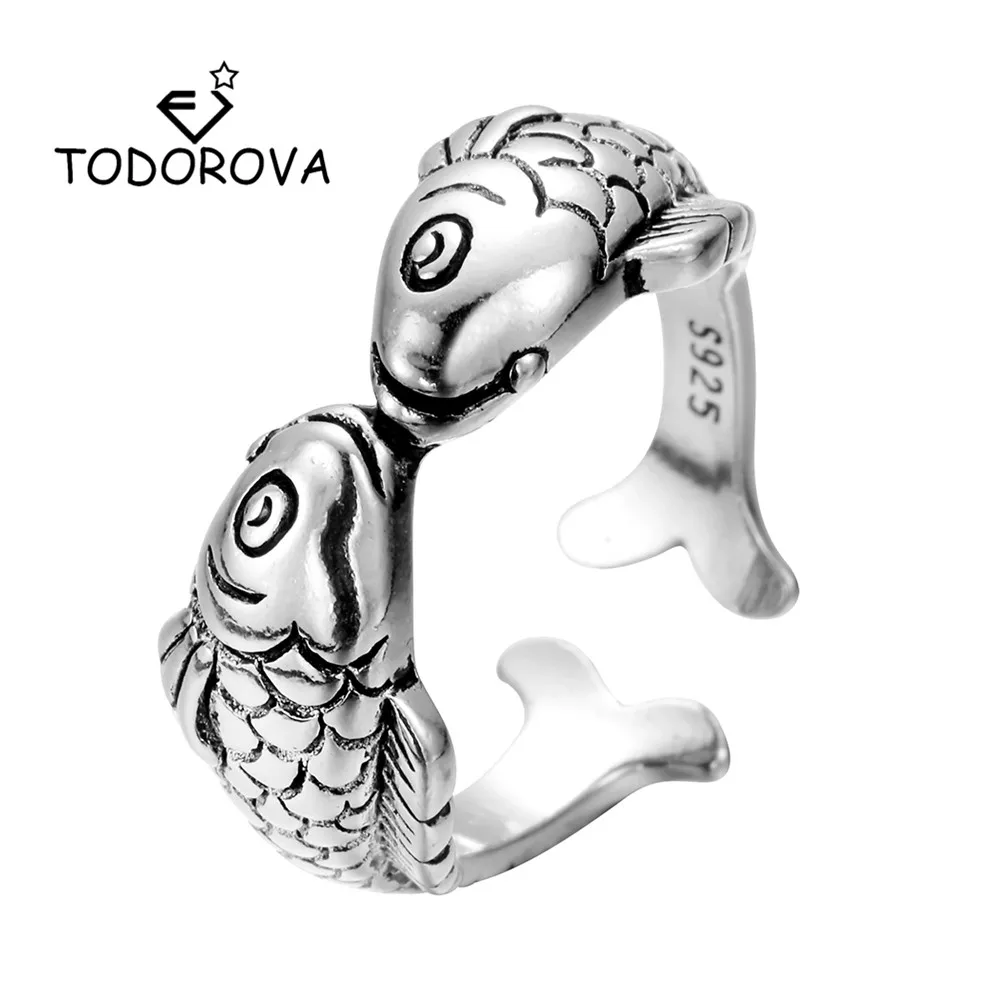 Todorova Ретро Винтаж прекрасные двойные кольца с рыбками для женщин дамы открытые, кольца на палец для мужчин Панк модные ювелирные изделия