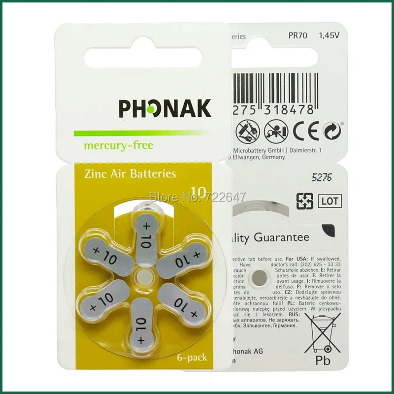 Батареи слухового аппарата 30x1 45 в Phonak 10 a10 10a p10 pr70 высокомощная немецкая цинковая