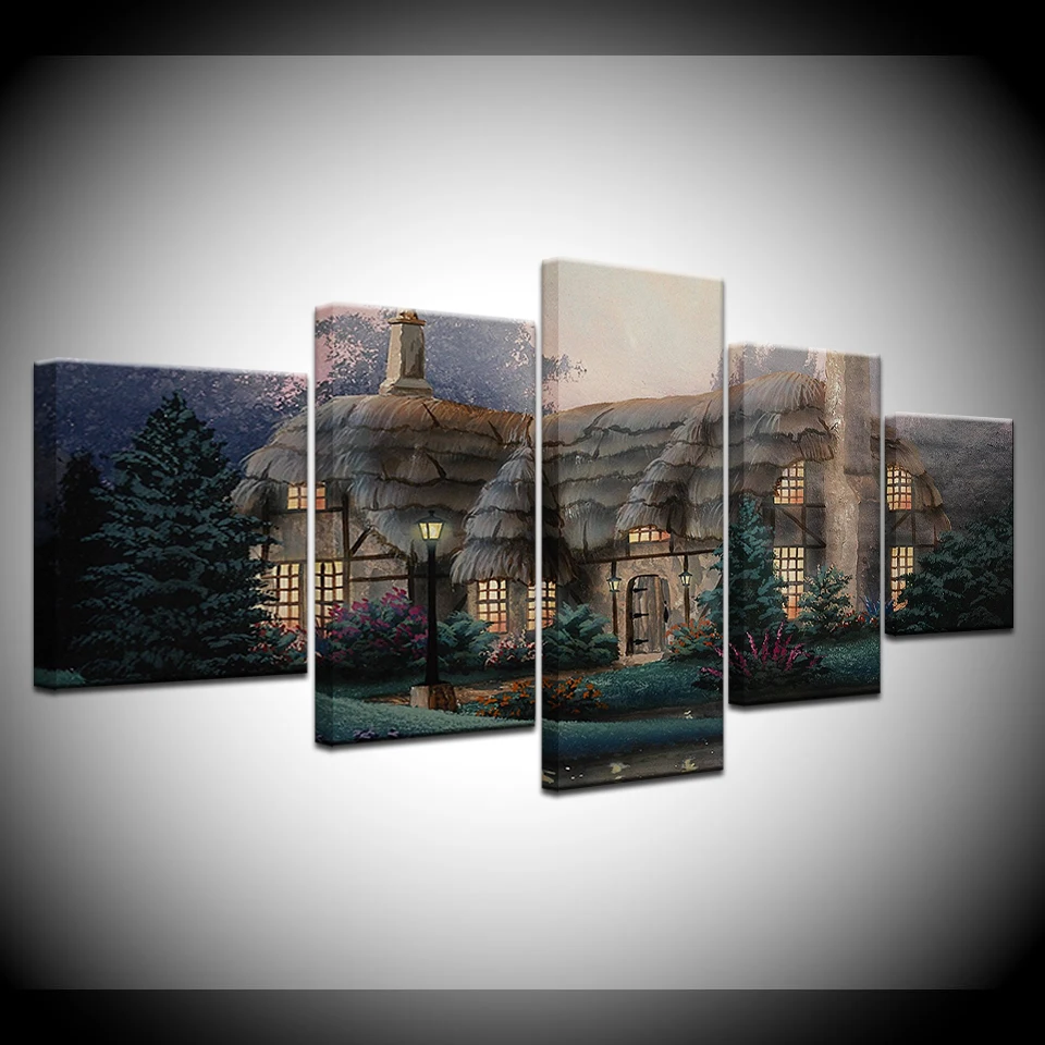 Canvas Painting Thatched house landscape 5 Pieces Wall Art Modular Wallpapers Poster Print for living room Home Decor | Дом и сад