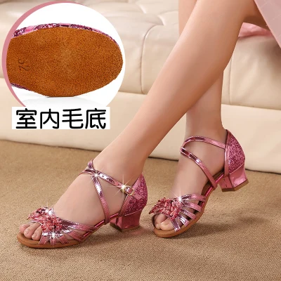 Peach indoor Обувь для латинских танцев для девочек с блестящими блестками и бусинами обувь для ча-ча детская бальная обувь на низком каблуке Обувь для сцены 26-39 - Цвет: Peach indoor