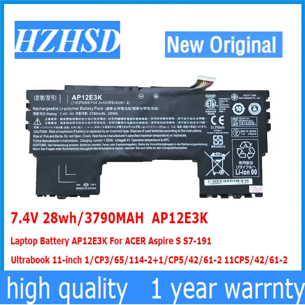 7.4V 28wh/3790MAH AP12E3K original Laptop Battery For ACER Aspire S S7-191 Ultrabook 11-inch 1/CP3/65/114-2+1/CP5/42/61-2 11CP