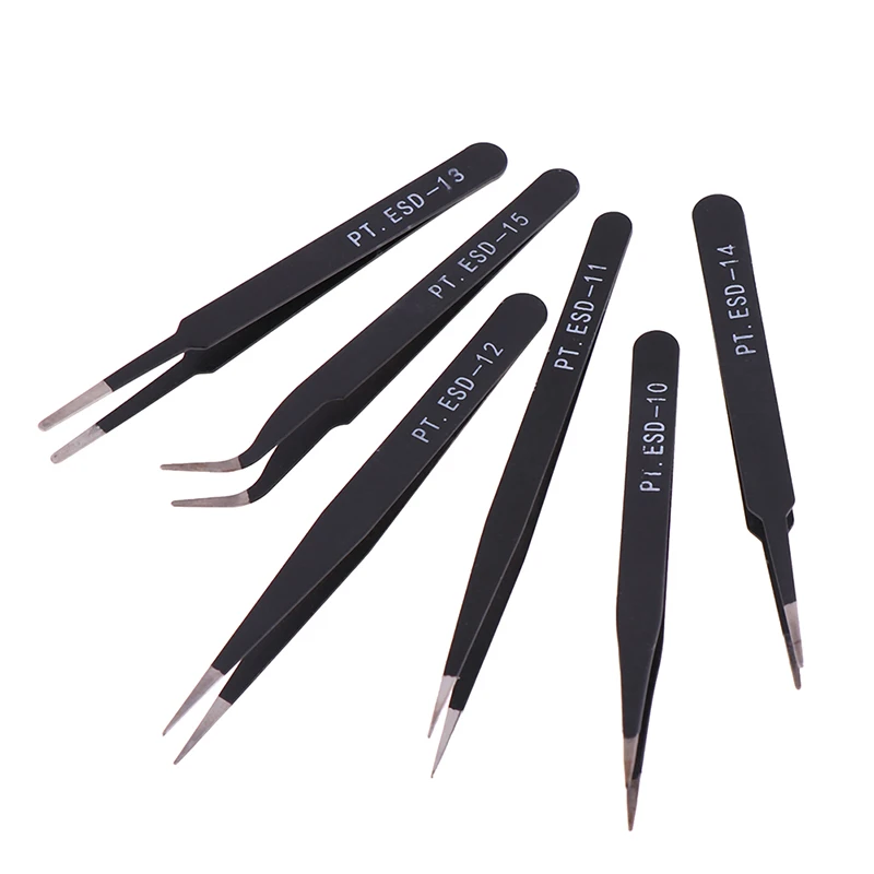 6PCS OR 2PCS DIY Tool Black Anti-static Straight Tip Forceps Precision Soldering Curved Tweezers Electronic ESD | Инструменты