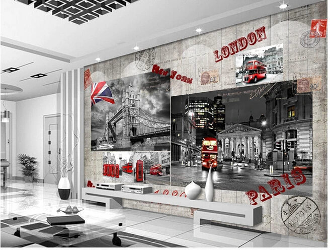 Настенные ретро обои на заказ виниловые с красным лондонским автобусом для