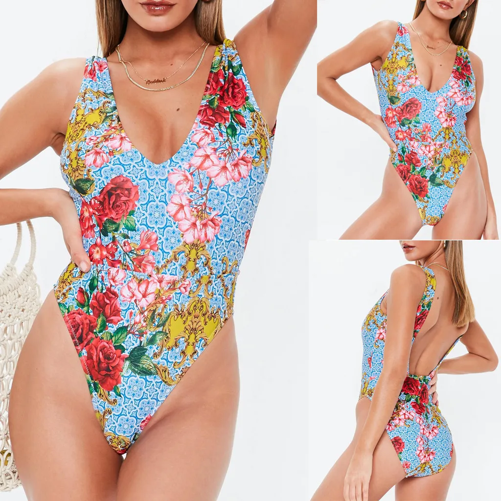 Женский летний купальник с глубоким v образным вырезом и цветочным принтом синий
