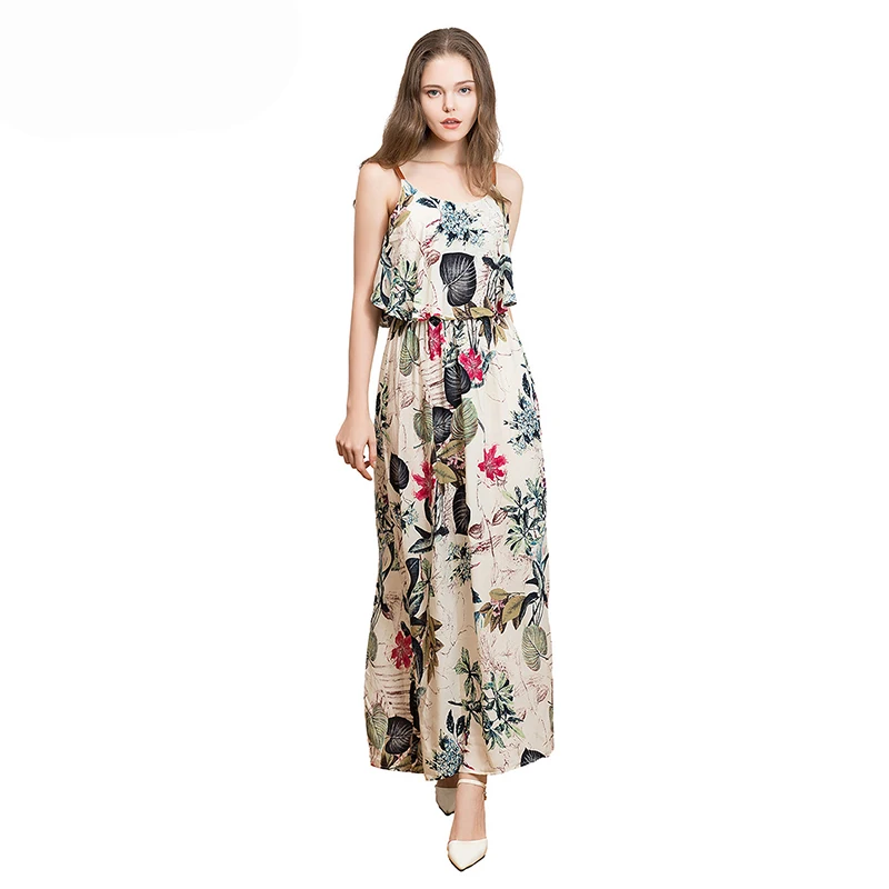 Женское длинное платье WHZHM хлопковое пляжное без рукавов с цветочным принтом и о