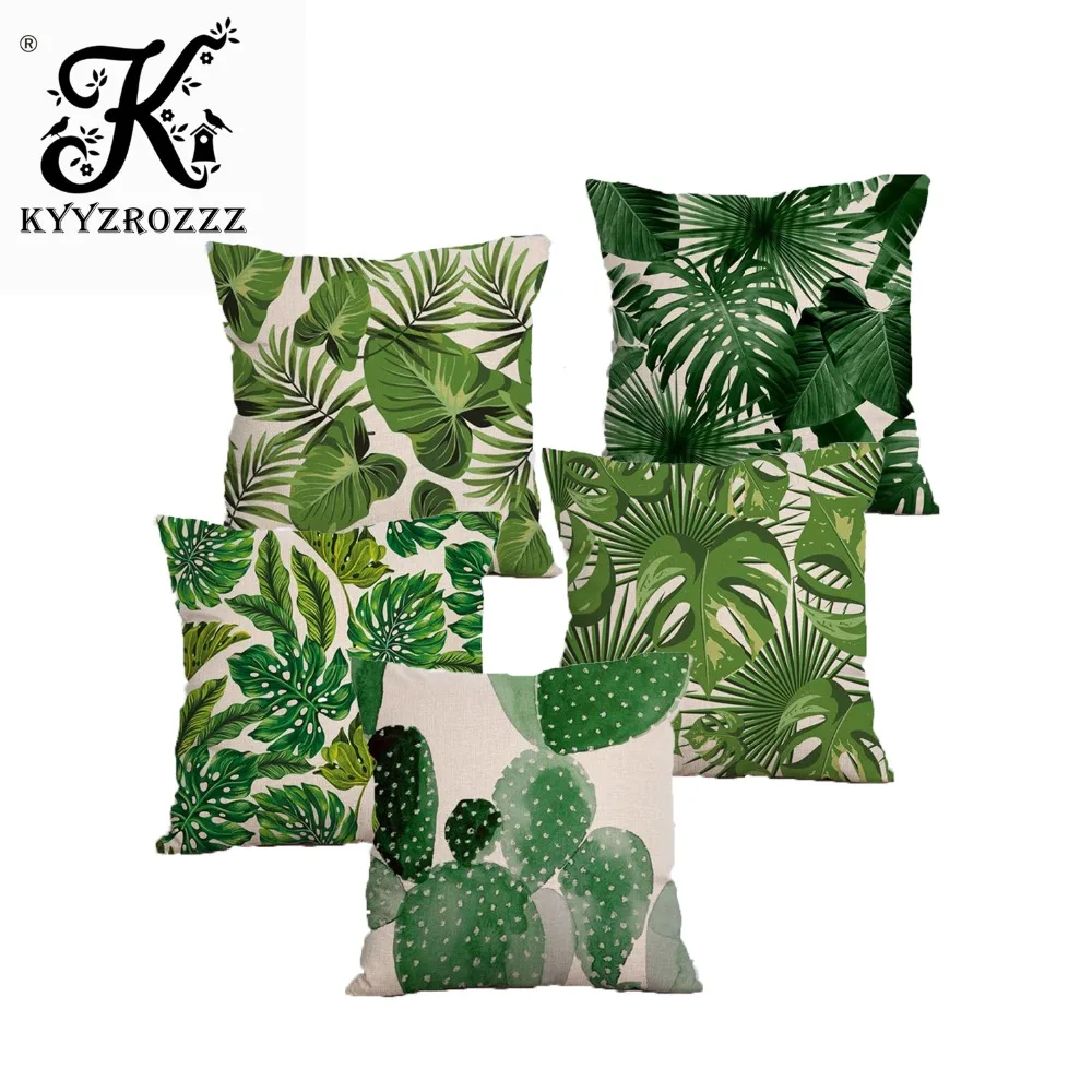 

Tropical Plants Palm Leaf Green Leaves Monstera Cushion Covers Hibiscus Flower Cushion Cover Decorative Beige Linen Pillow Case