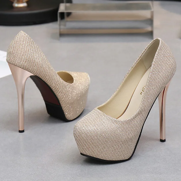 12cm Gold Шикарные свадебные туфли; Туфли-лодочки для невесты; женская обувь; туфли на высоком каблуке и платформе; женские пикантные туфли на шпильке; цвет золотой - Цвет: 12cm Gold