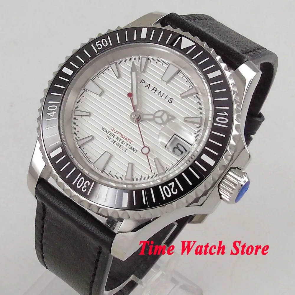

Мужские часы Parnis с белым циферблатом и сапфировым стеклом, диаметром 41 мм, кожаным ремешком, автоматические наручные часы 5ATM MIYOTA 1062
