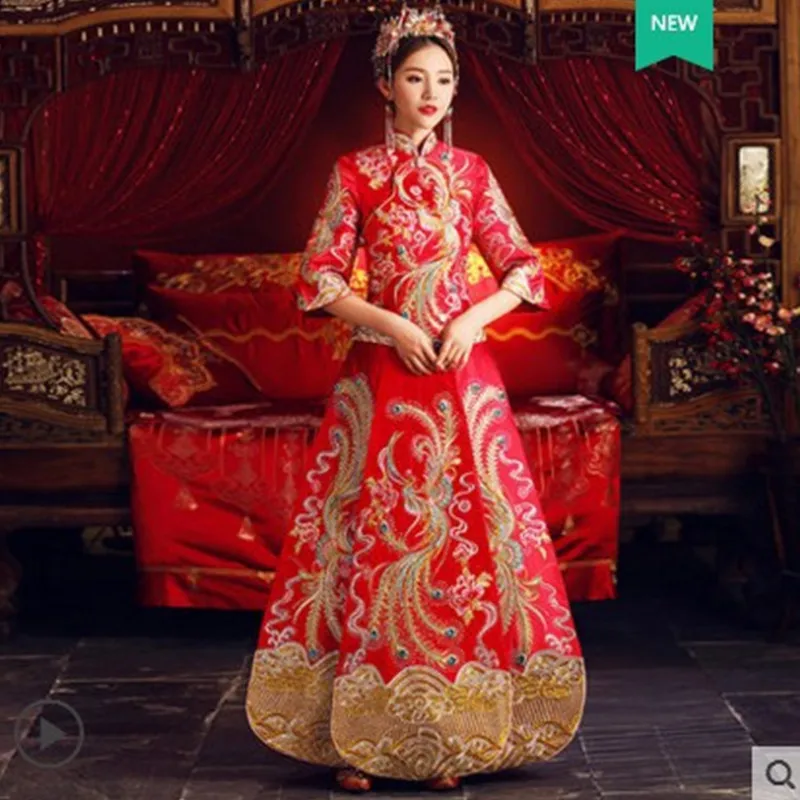 

Traditional Wedding Gown New Chinese Bride Woman Cheongsam Women Phoenix Embroidery Dress Modern Qipao Red Oriental Dresses