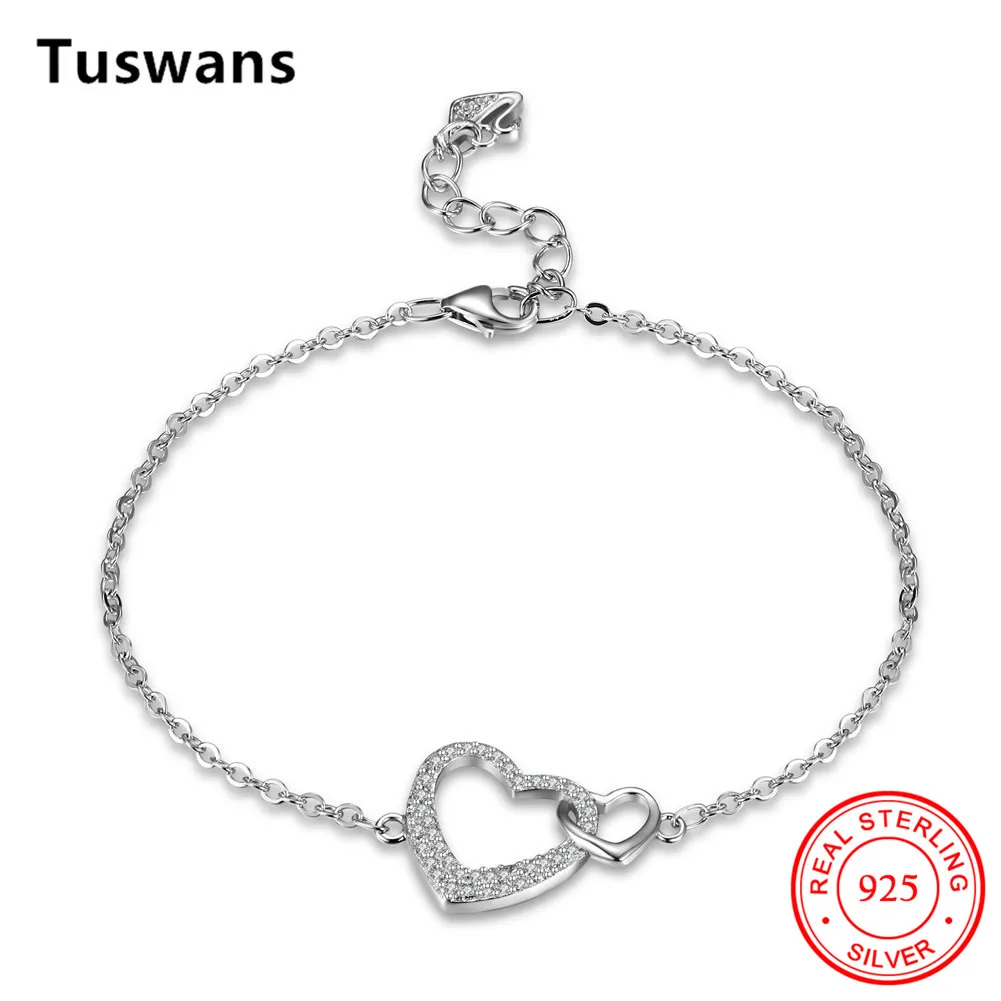 2018 Новая мода Женщины Чистое Серебро 925 Романтическое Сердце Любовь Кристалл Обаяние Браслеты Свадебные Пульсерас Изящные Ювелирные изделия.