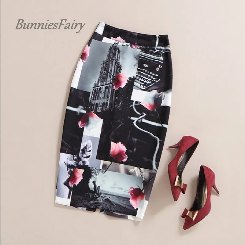BunniesFairy 2016 новинка Винтаж стиль Англия Розы Цветочный принт черный миди юбка