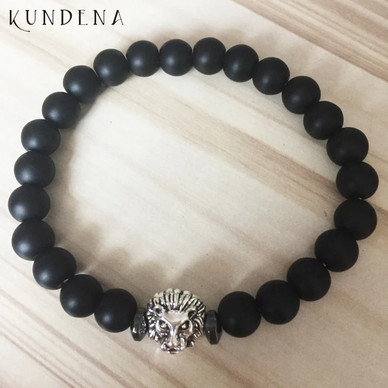 

Men lion bracelet Matte Black Onyx braceletS stacking stretch beaded bracelet For Unisex