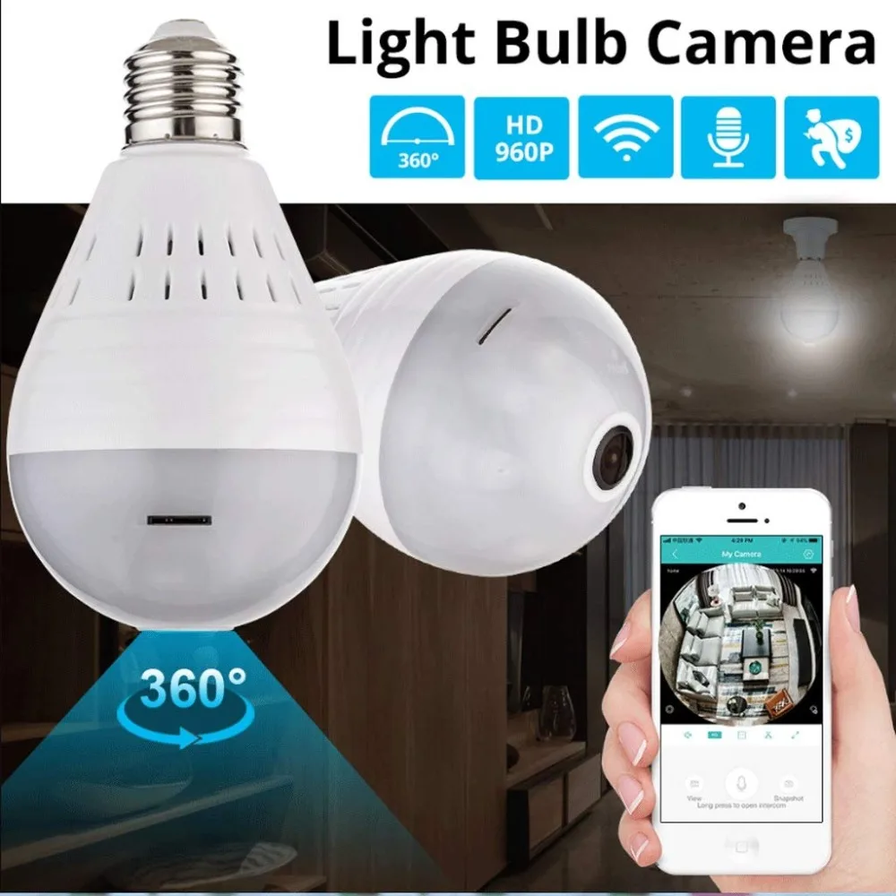 Беспроводная Wi-Fi 360 видеокамера 960P рыбий глаз лампа светильник панорамный Full HD Обнаружение движения для домашней камеры безопасности